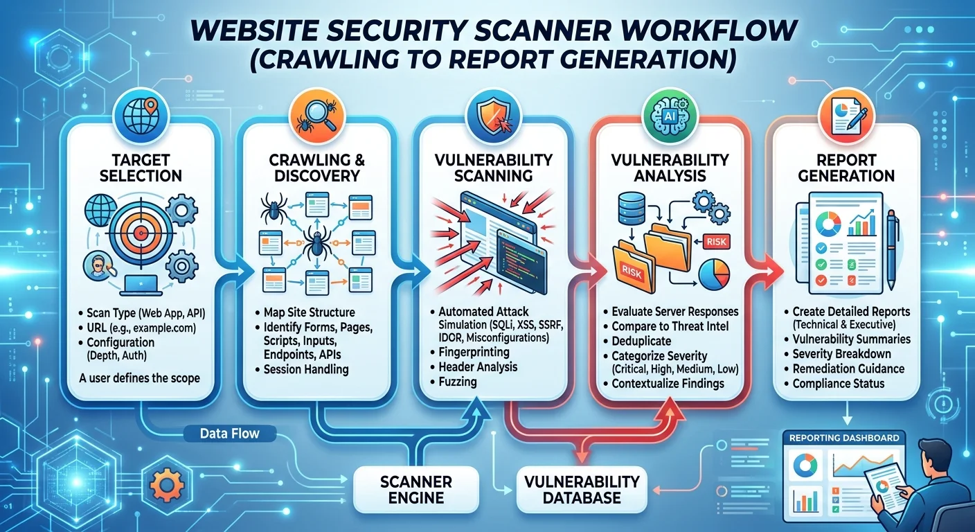 Flowchart of a website security scanner analyzing a web application and producing a vulnerability report