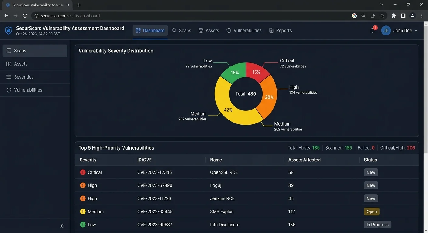 Security audit dashboard displaying critical, high, medium, and low severity findings