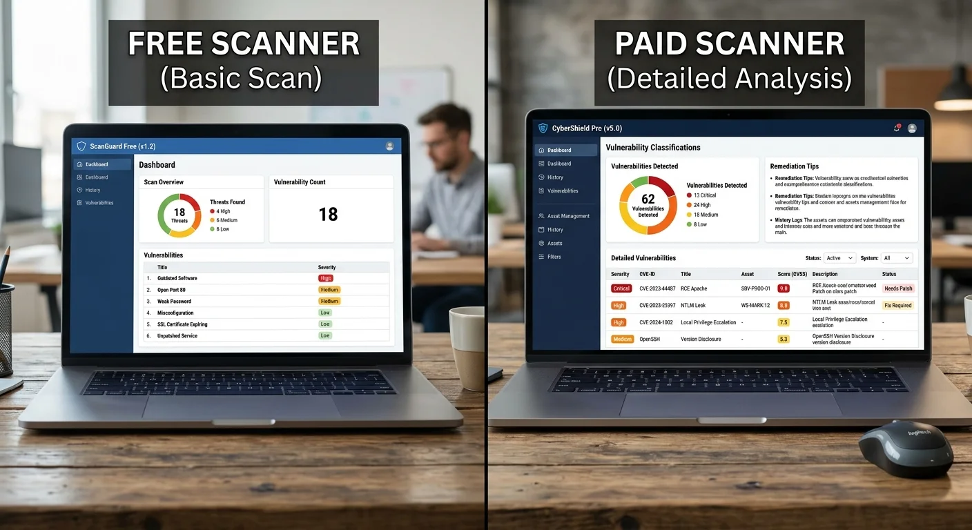Comparison of free and paid website security scanning tool dashboards