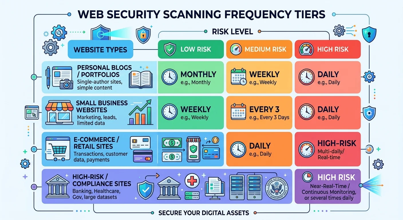 Chart comparing daily, weekly, and monthly scanning recommendations for different website categories
