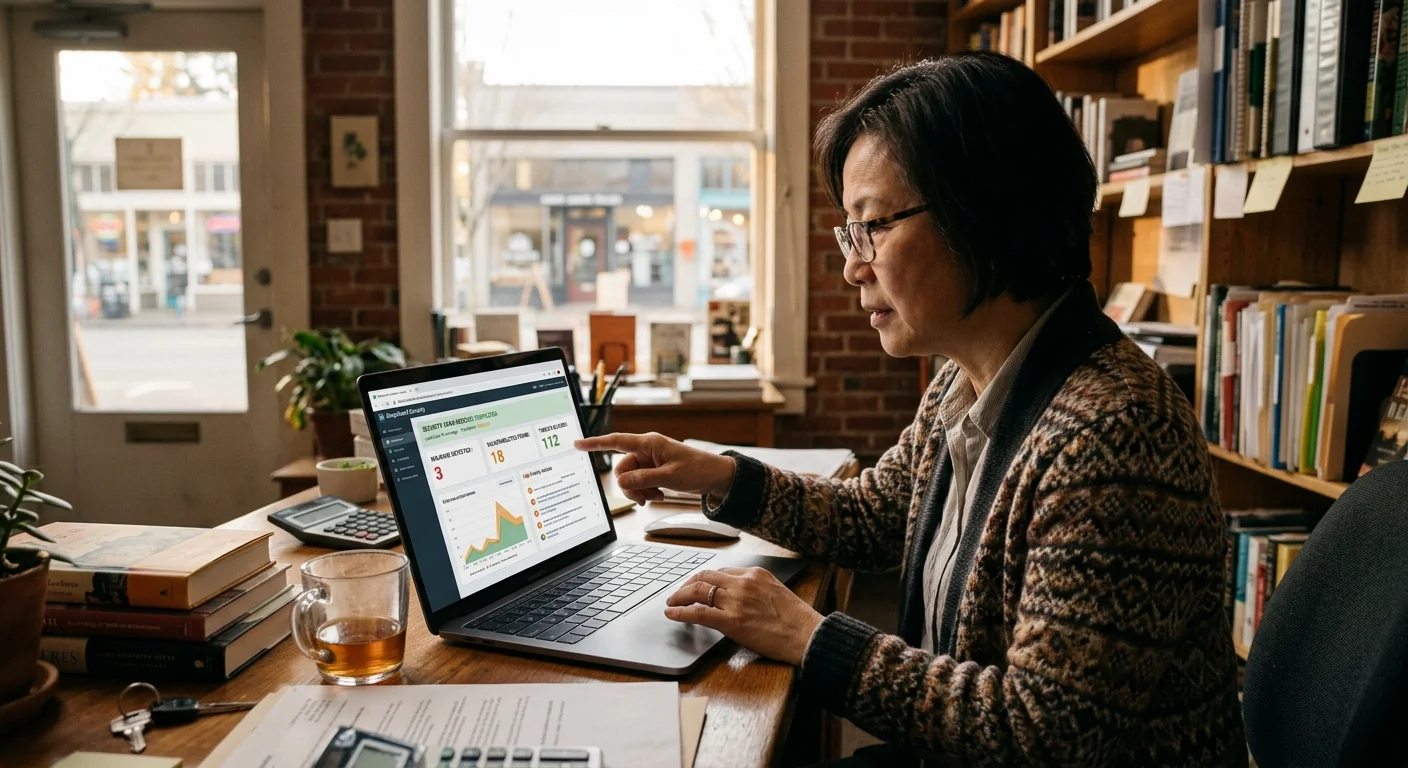 Small business owner reviewing website security scan results on laptop
